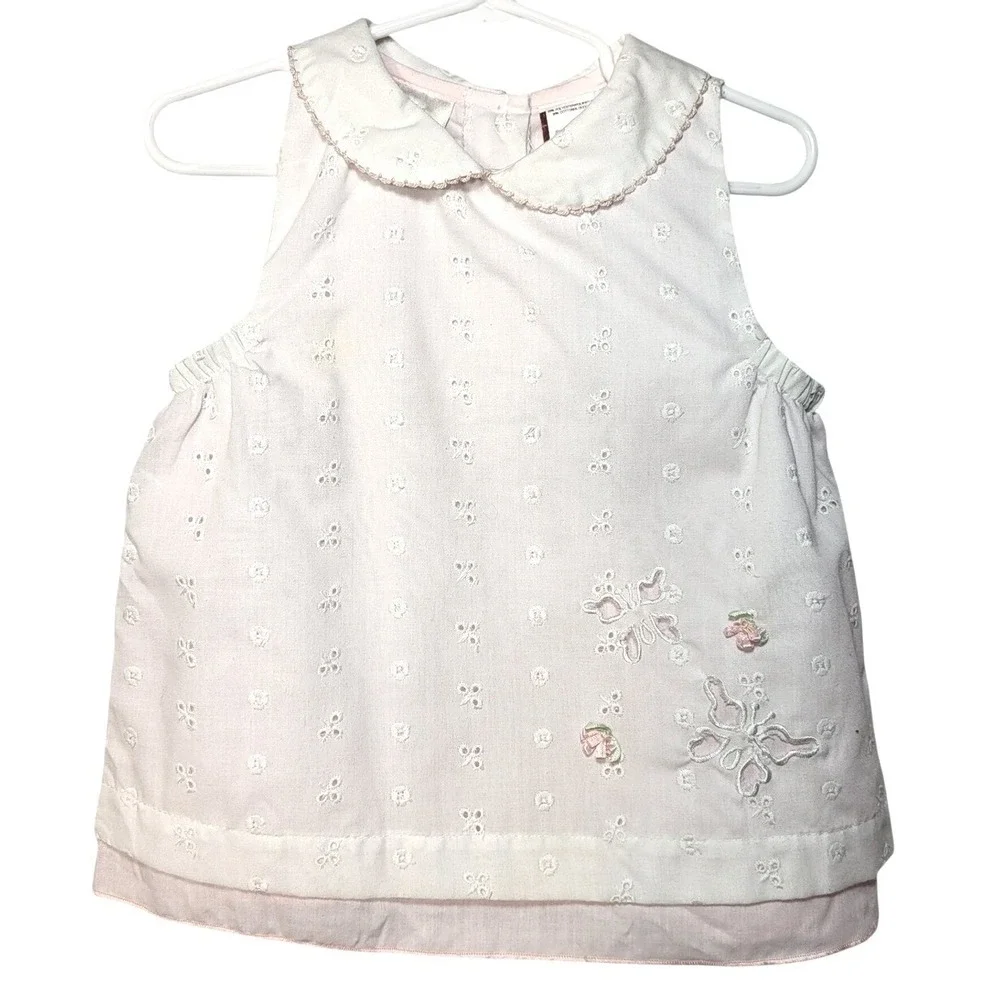 Little Bitty Girls White Eyelet Butterfly Pink Lined Peter Pan Collar Dress 4T